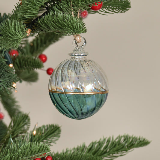 Two Tone Spiral Egyptian Glass Bauble - Clear & Jade Green - Large