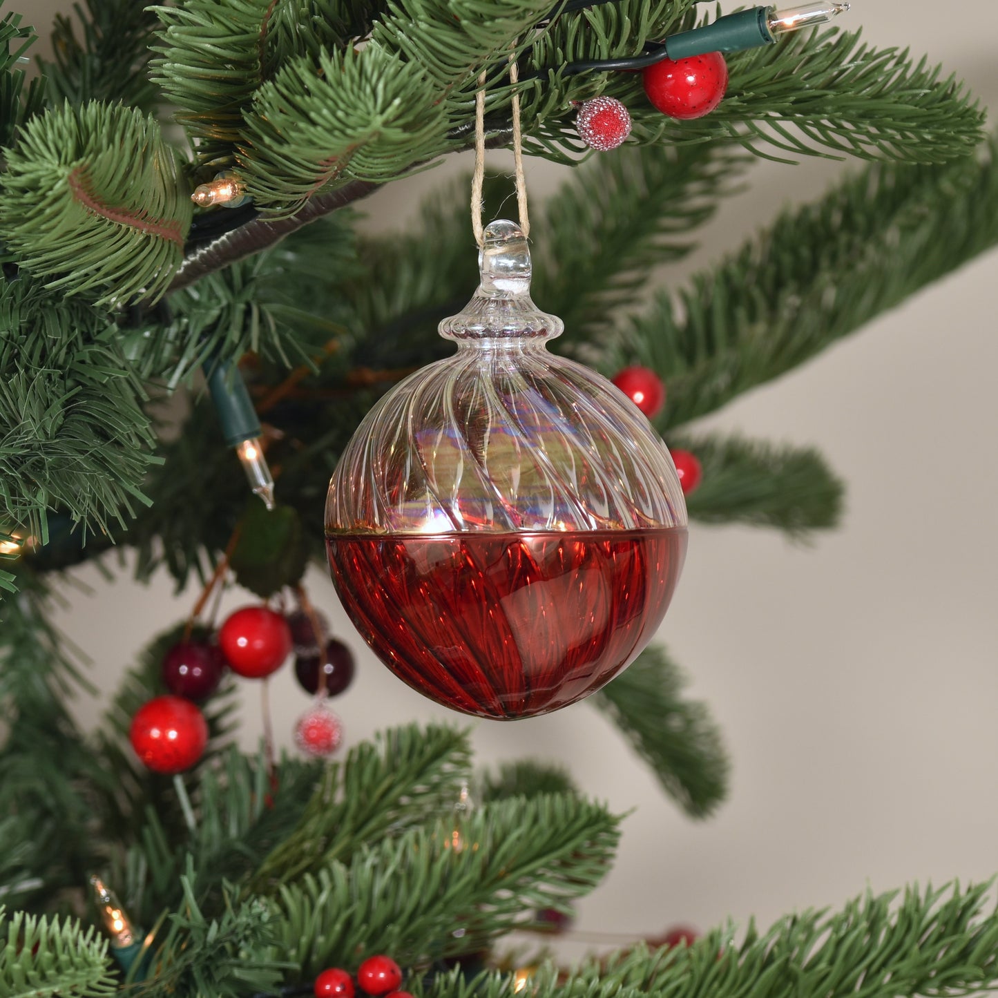 Two Tone Spiral Egyptian Glass Bauble - Clear & Red - Large