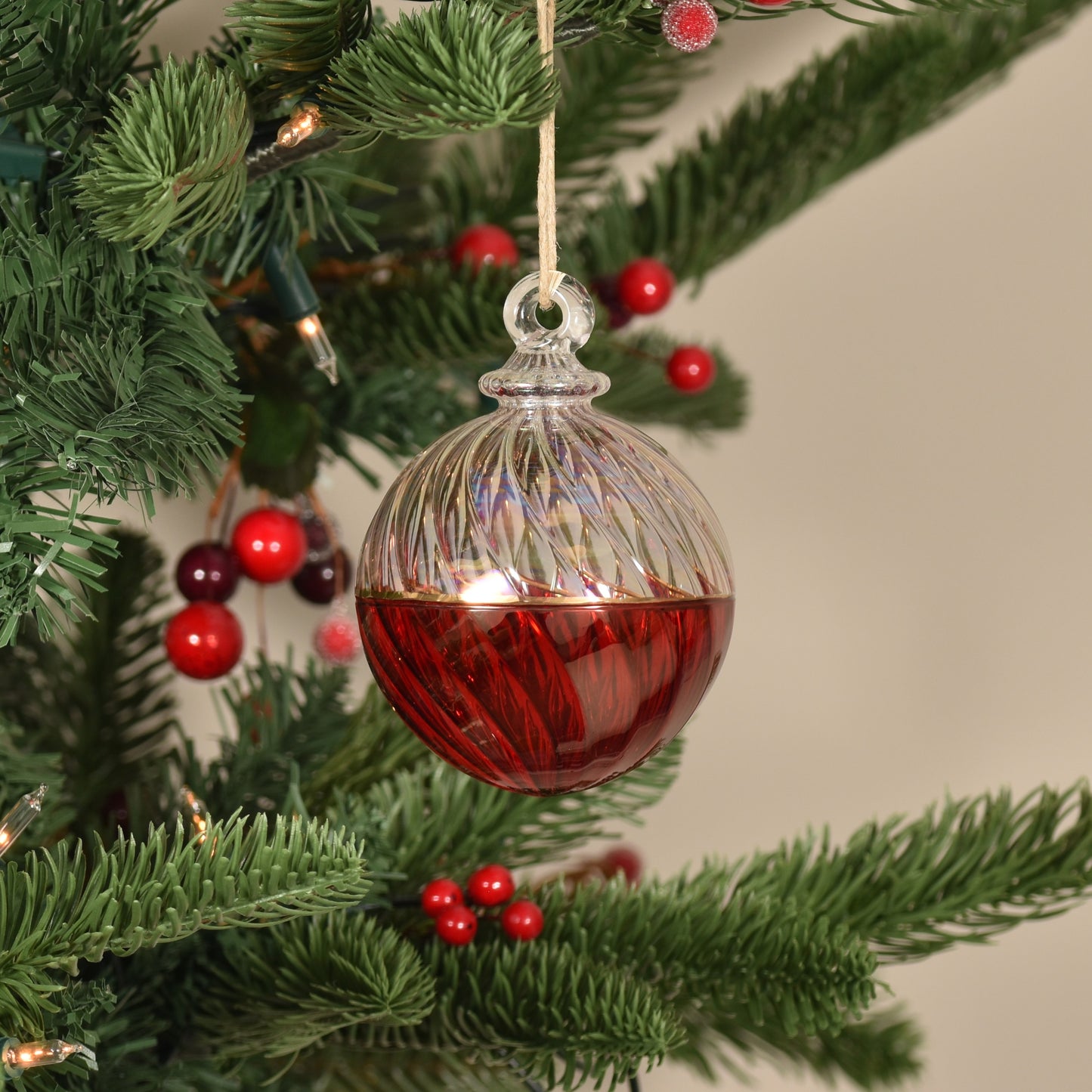 Two Tone Spiral Egyptian Glass Bauble - Clear & Red - Large