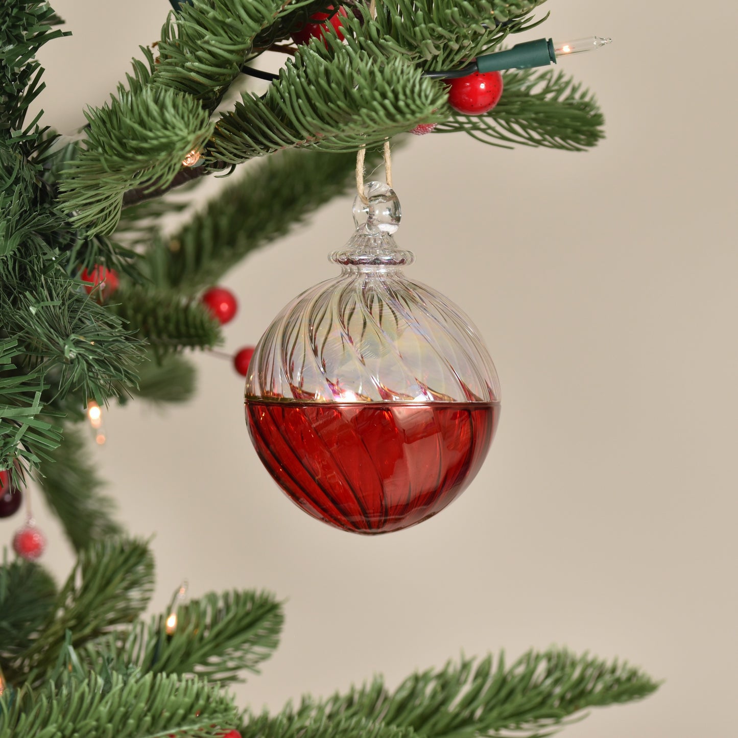 Two Tone Spiral Egyptian Glass Bauble - Clear & Red - Large