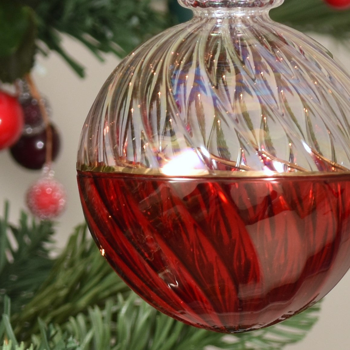 Two Tone Spiral Egyptian Glass Bauble - Clear & Red - Large