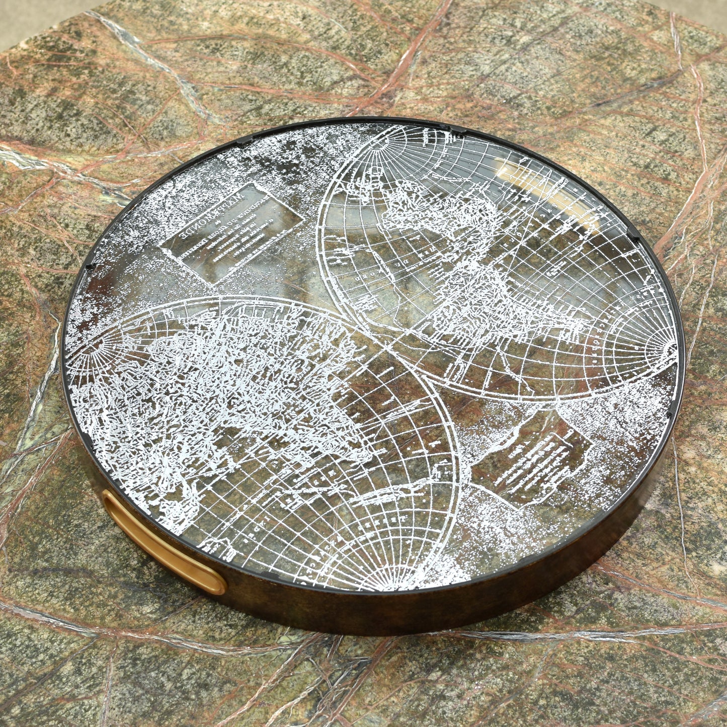 Decorative World Map Tray - Antiqued Golds & Bronze