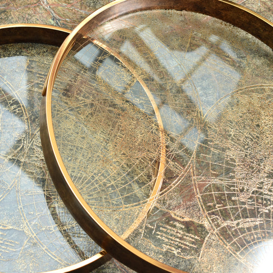 Decorative World Map Tray - Antiqued Golds & Bronze