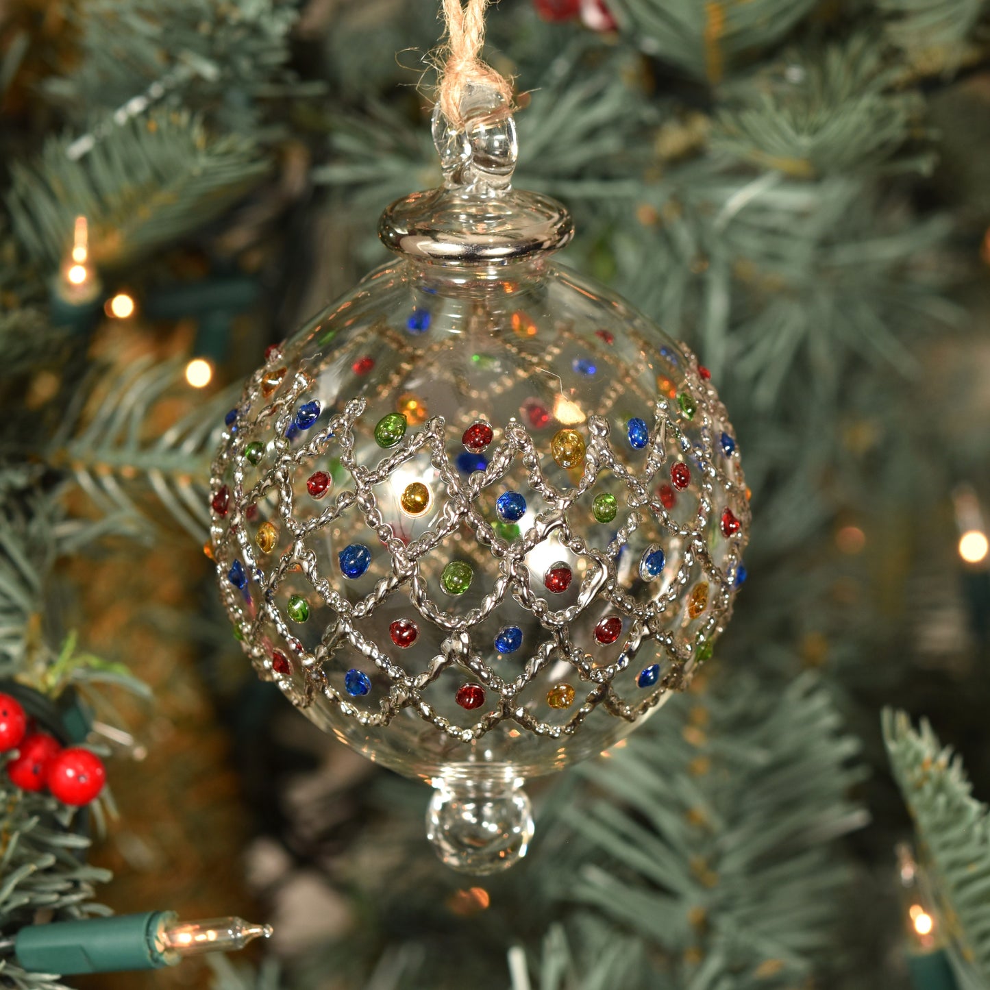 Diamonds Handblown Glass Bauble - Multi & Silver Colour - Large