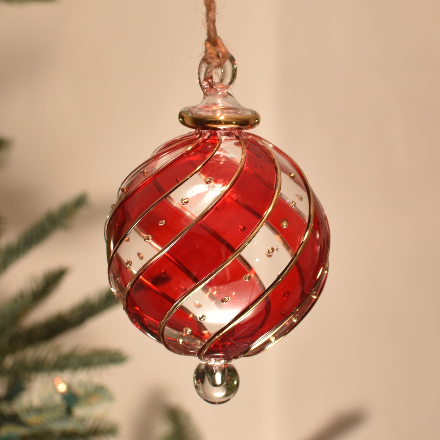 Ribbons Handblown Glass Bauble - Red & Gold Colour - Large
