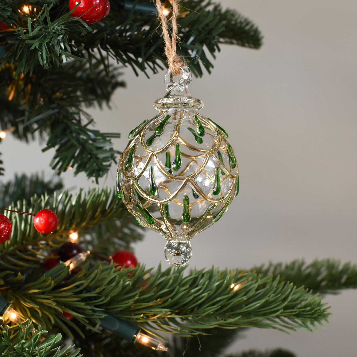 Festive Swag Handblown Glass Bauble - Green & Gold - Small