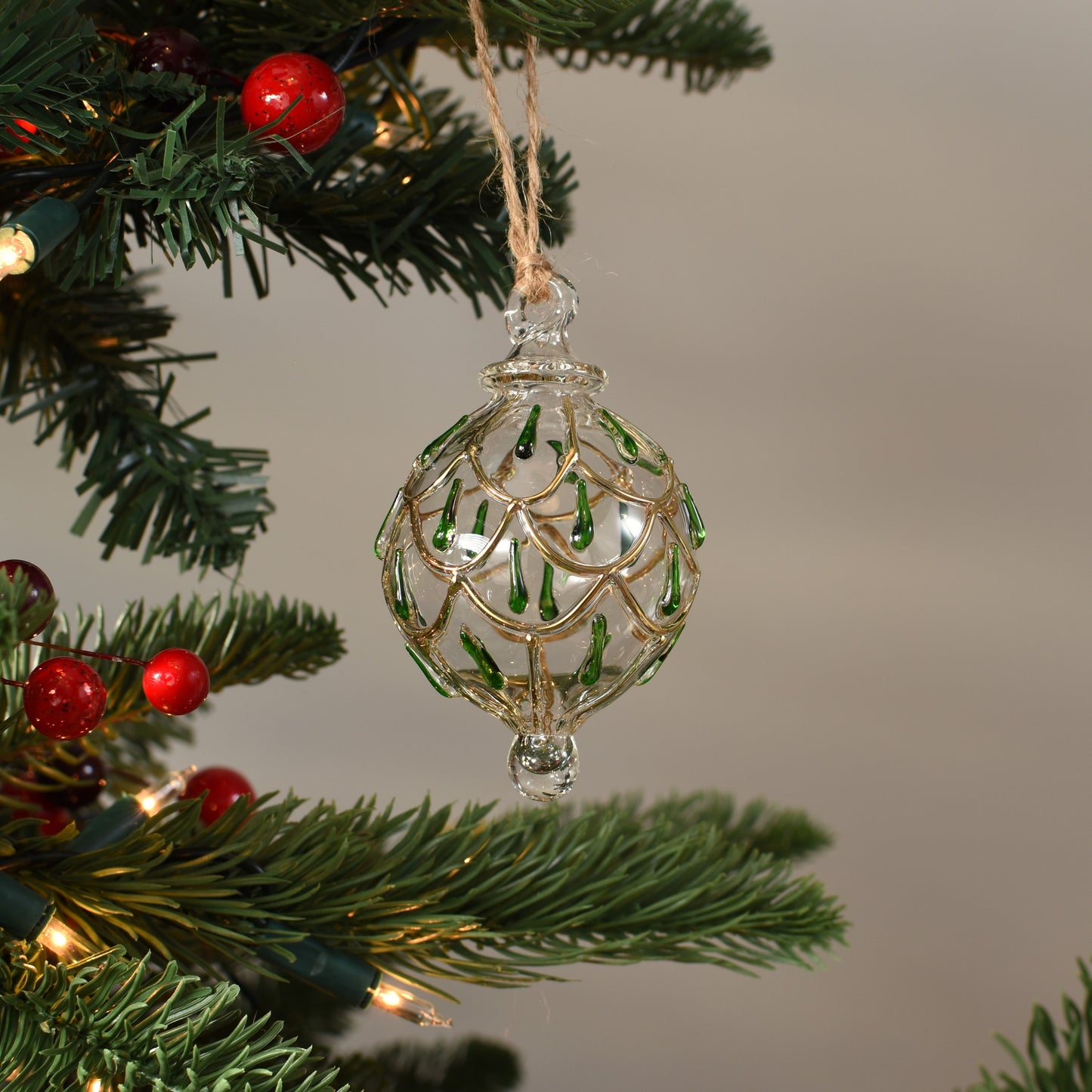 Festive Swag Handblown Glass Bauble - Green & Gold - Small