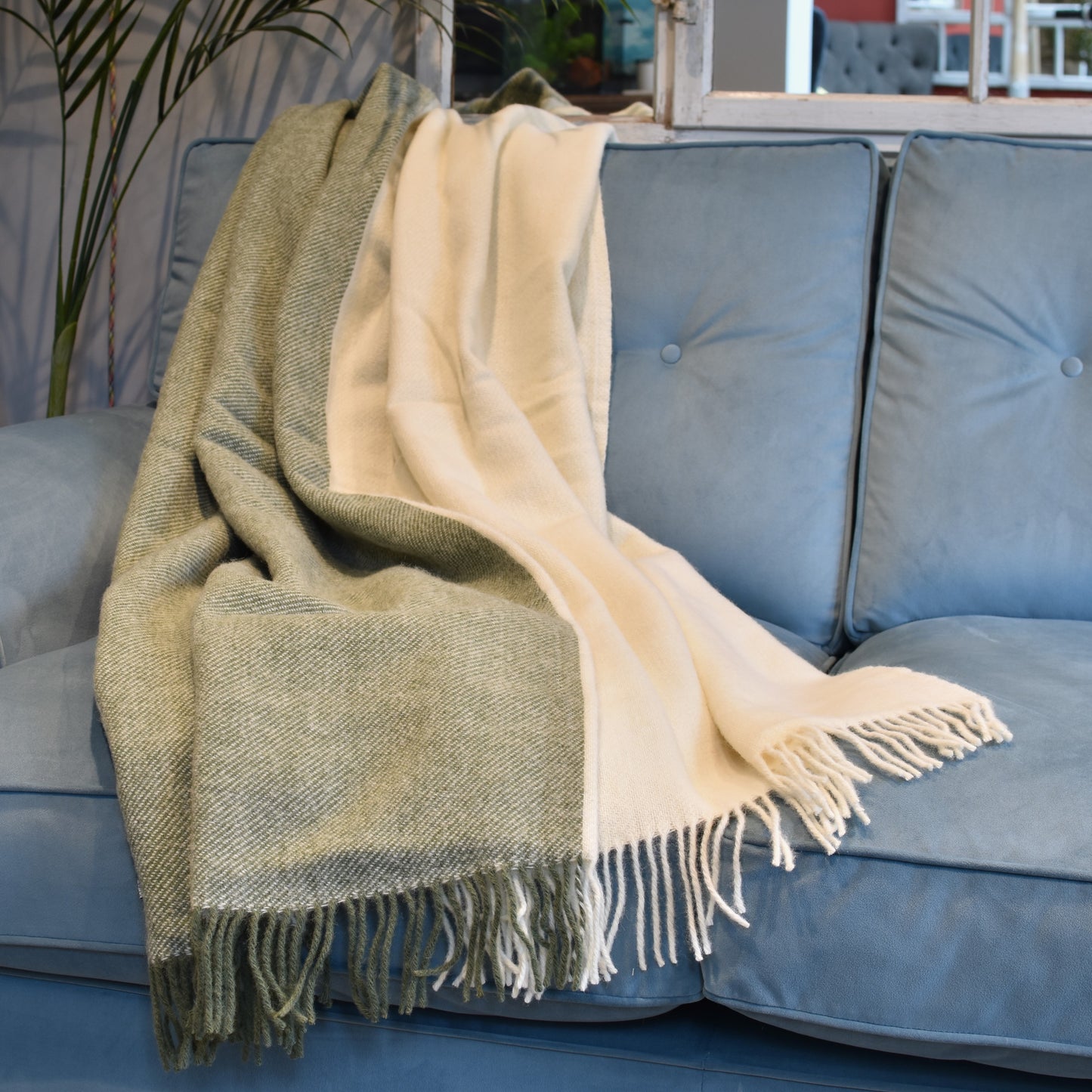 Olive Green & Cream Split Pure Wool Throw