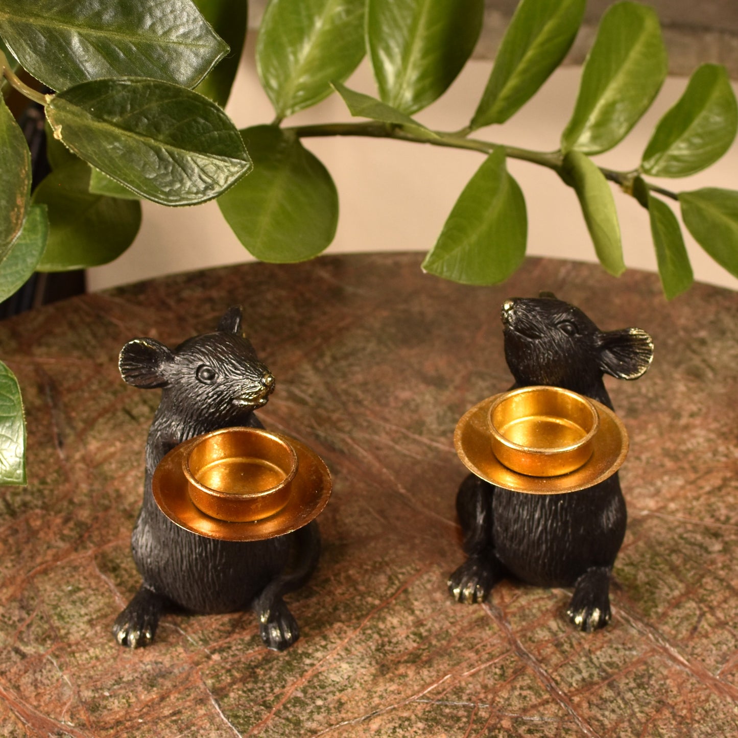 Mice T Light Holders - Aged Black and Gold