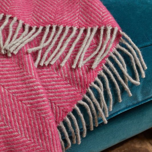 Pink & Silver Grey Herringbone Wool Throw / Blanket
