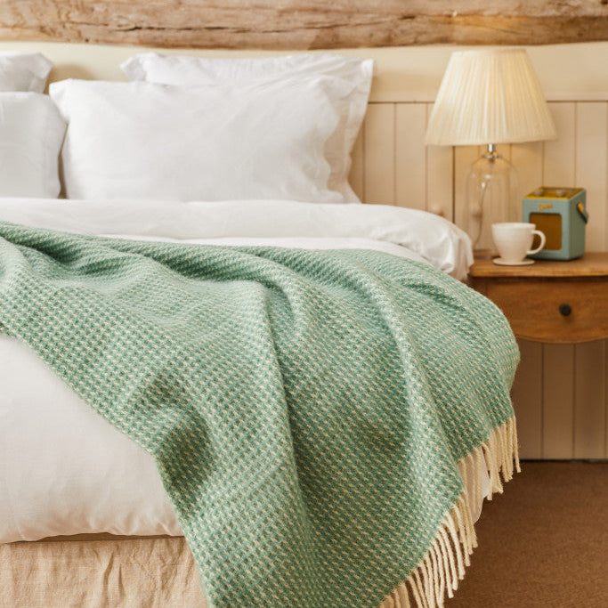 Sea Green Waffle Pure Wool Throw / Blanket 240cm