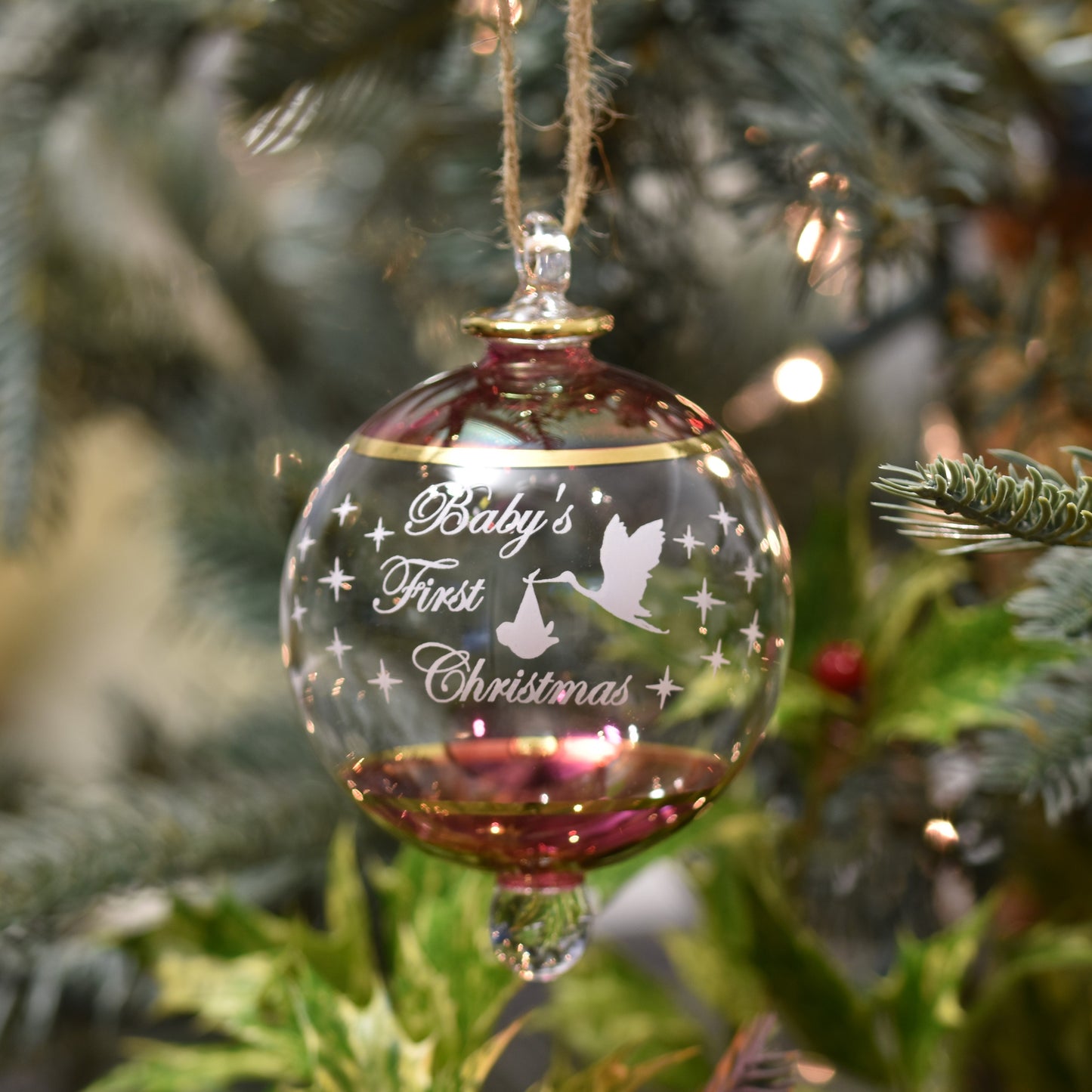 "Baby's First Christmas" Handblown Glass Bauble - Gold & Iridescent Red - Large