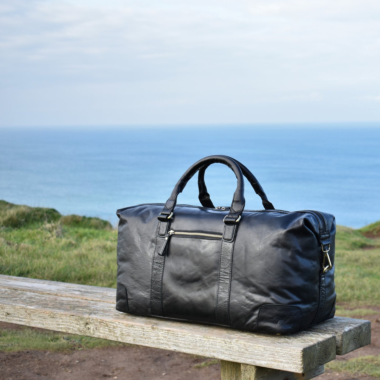 Black Creased Leather Weekend Holdall