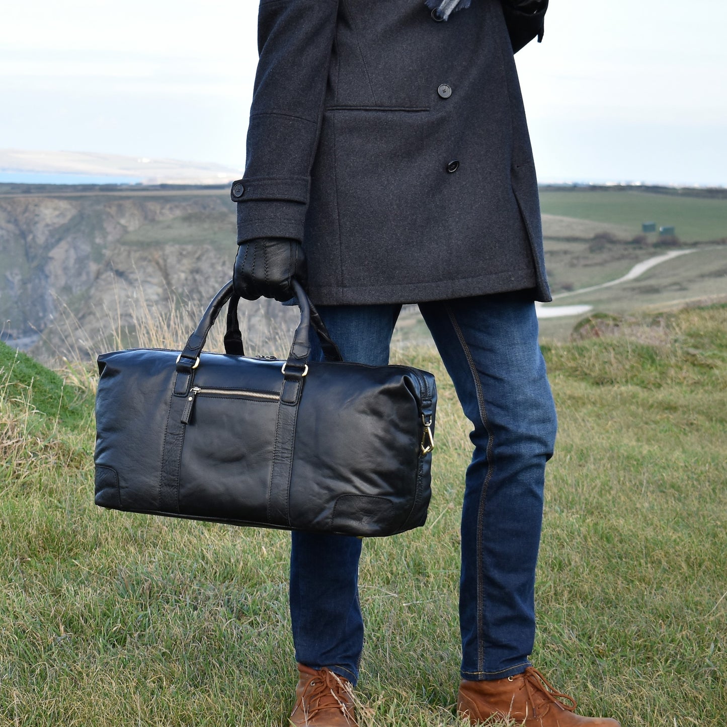 Black Creased Leather Weekend Holdall