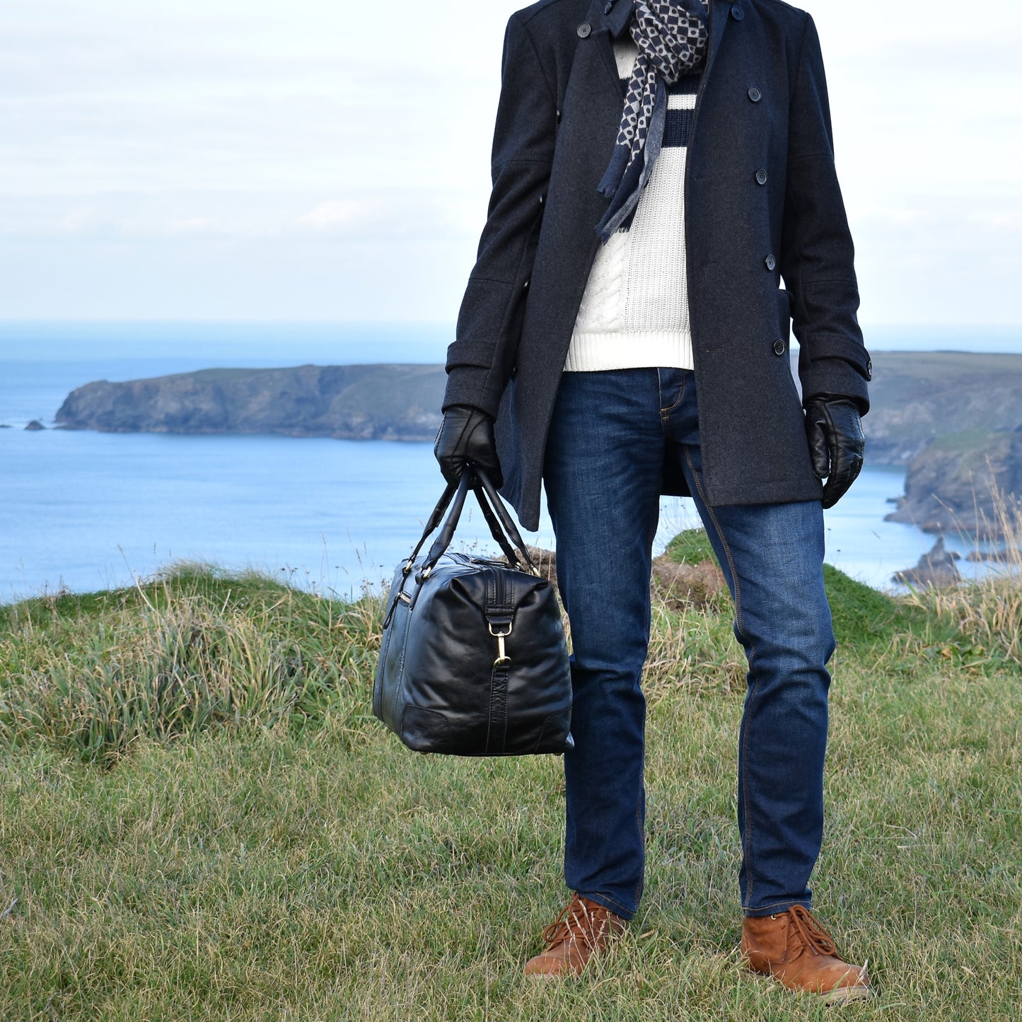 Black Creased Leather Weekend Holdall