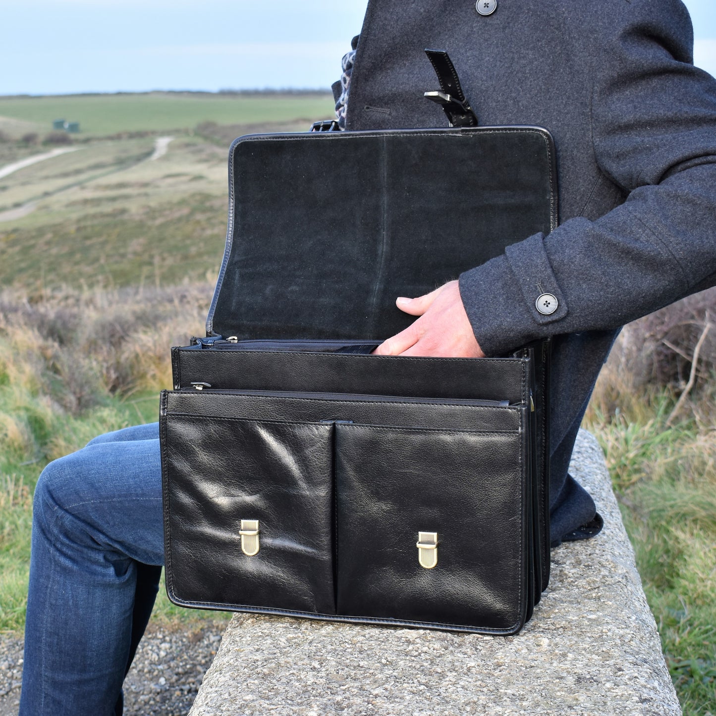 Black Executive Leather Briefcase - Laptop & Tablet Friendly