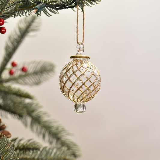 Ribbons Handblown Glass Bauble - Clear & Gold - Small