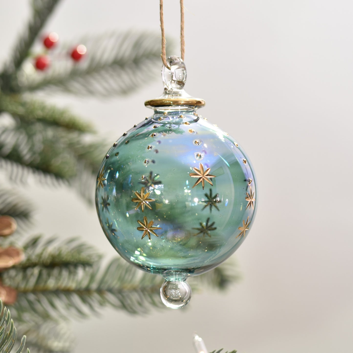 Snowfall Handblown Glass Bauble - Jade Green & Gold - Large