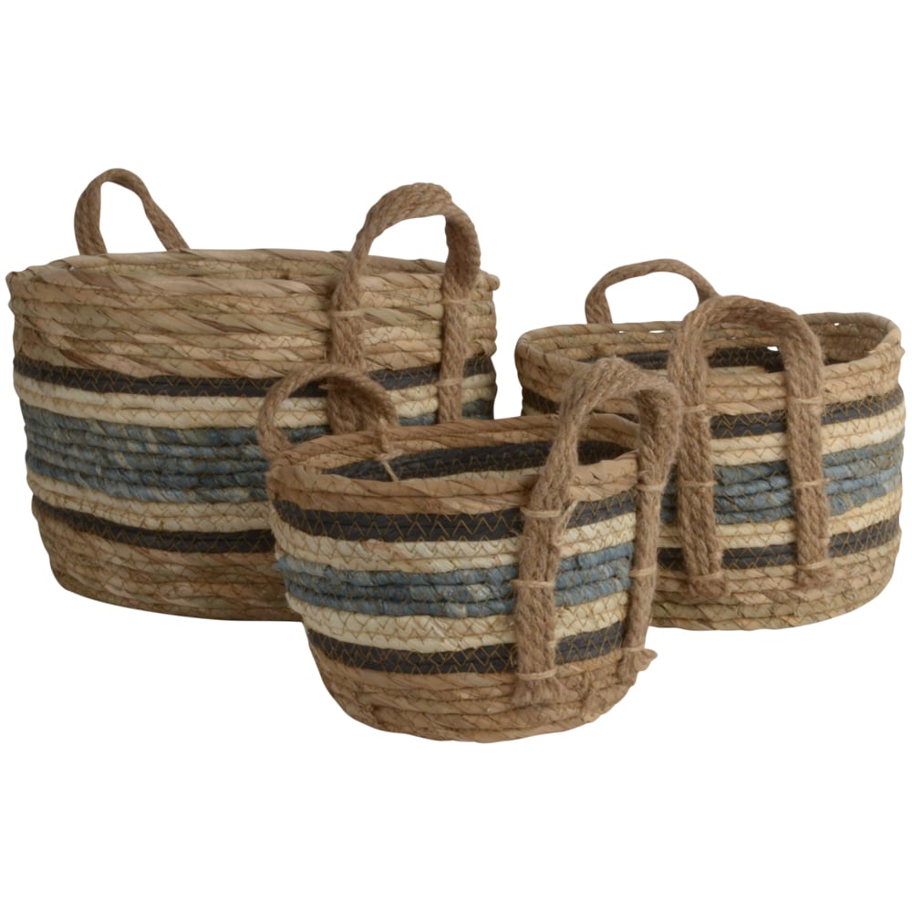 Blue, Black, Cream Straw Baskets - Set of Three