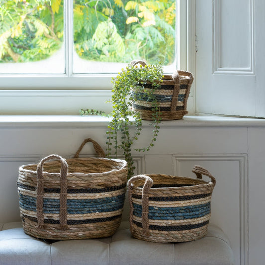 Blue, Black, Cream Straw Baskets - Set of Three
