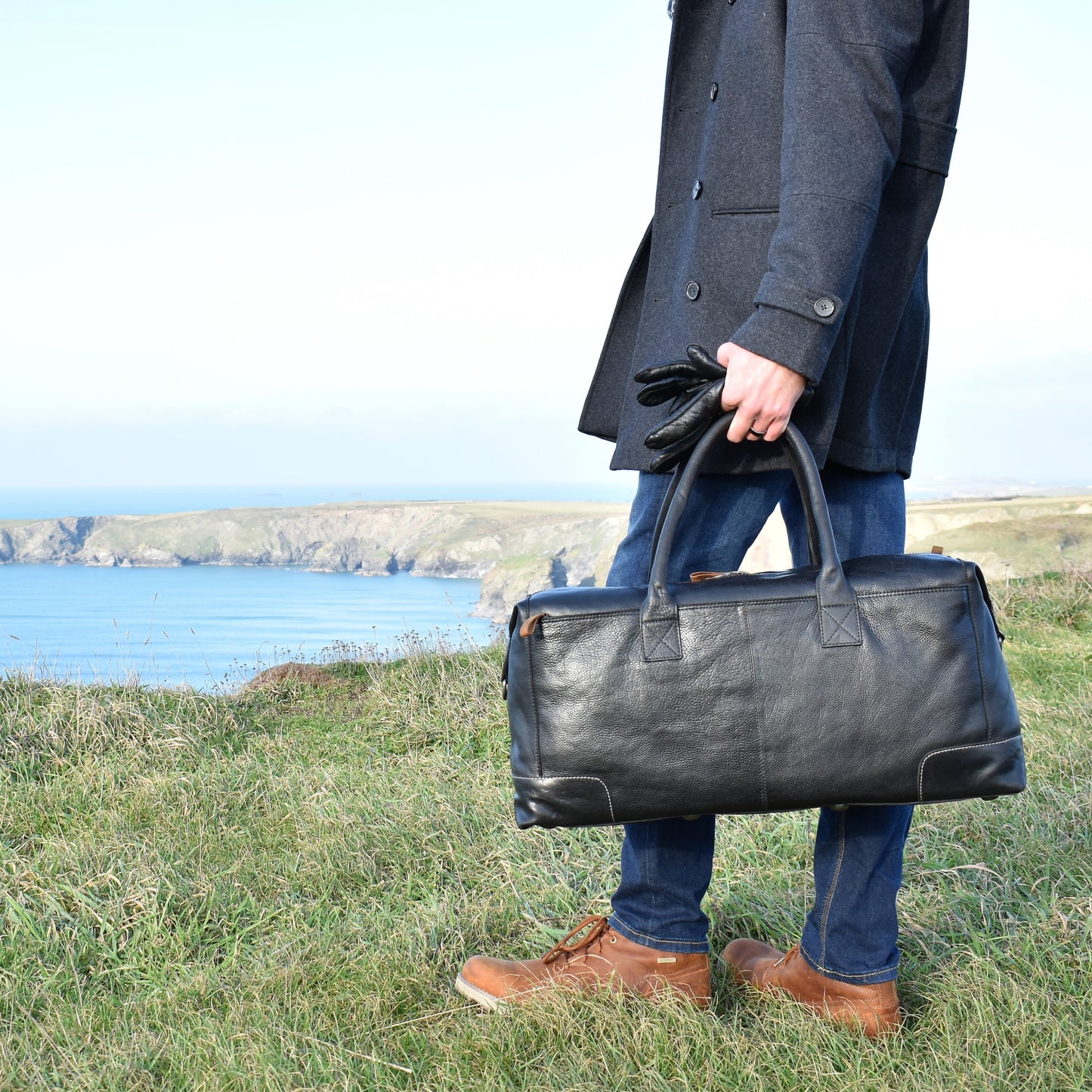 Black Milled Leather Weekend Holdall