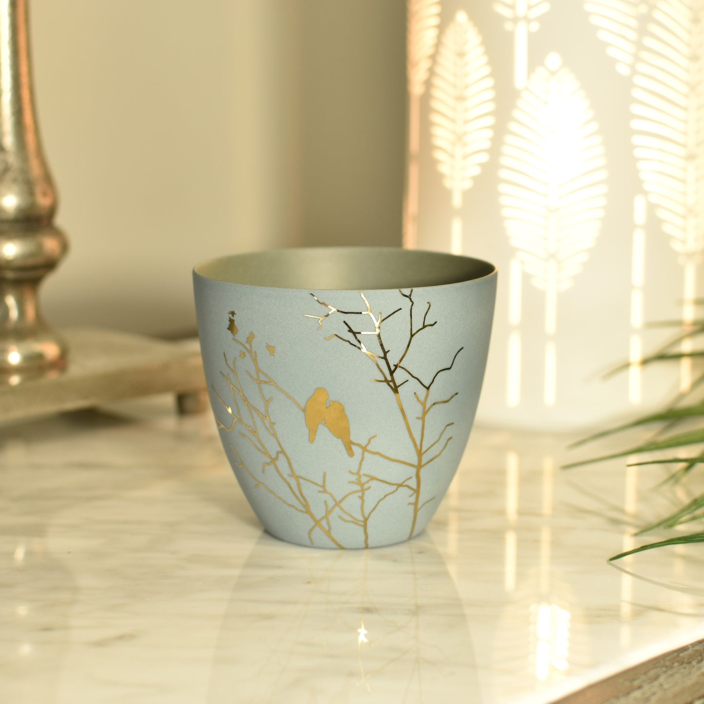 Love Bird Gold & Blue/Grey T-Light Holder