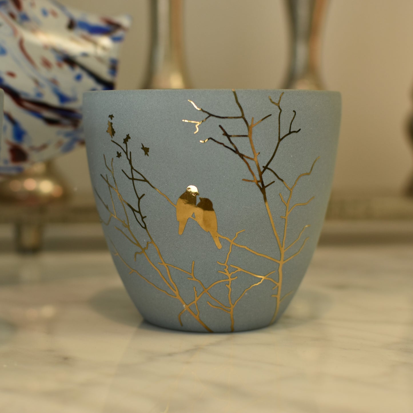 Love Bird Gold & Blue/Grey T-Light Holder