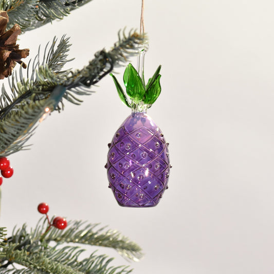 Pineapple Handblown Glass Bauble - Purple - Large