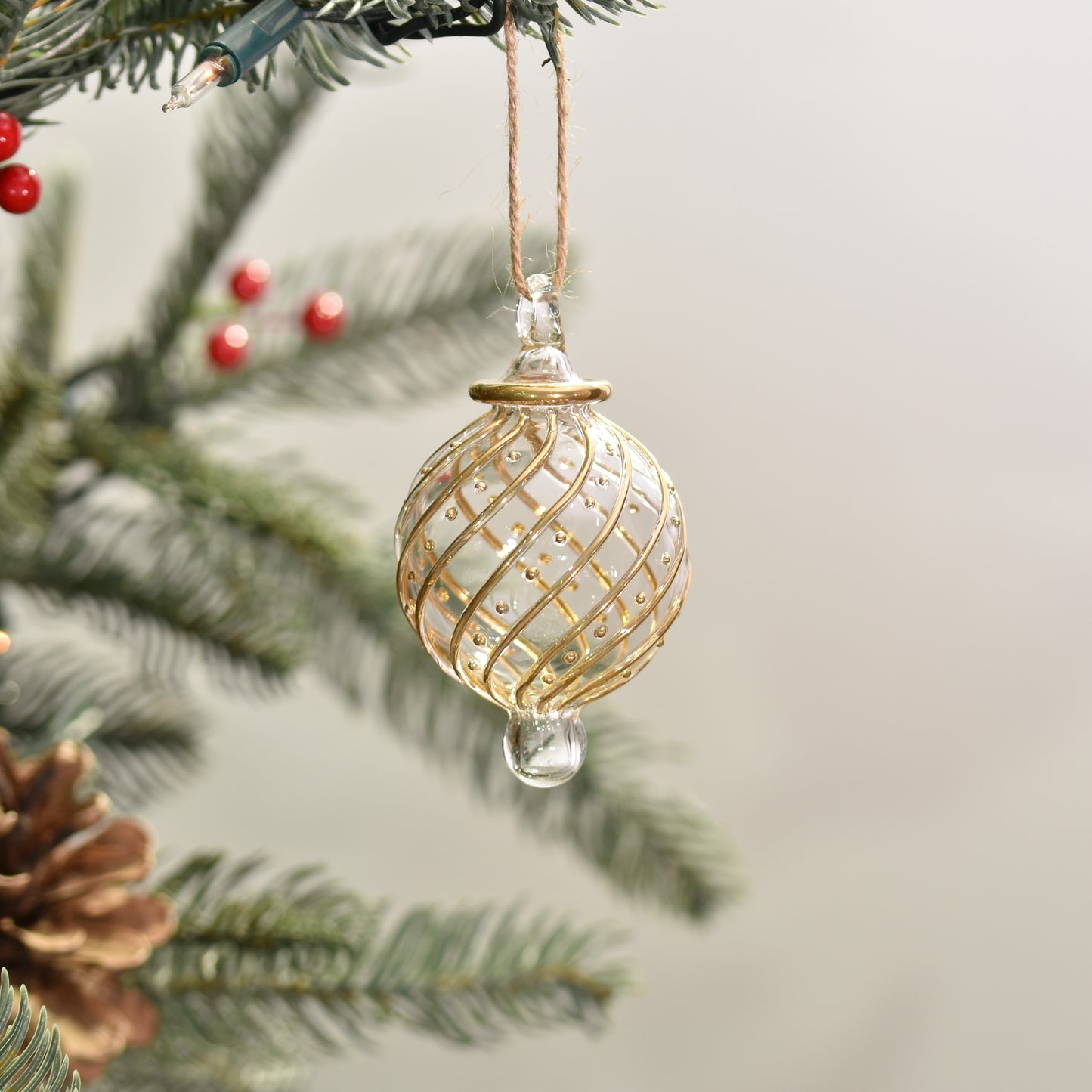 Ribbons Handblown Glass Bauble - Clear & Gold - Small