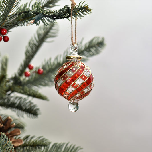 Ribbons Handblown Glass Bauble - Red & Clear - Small
