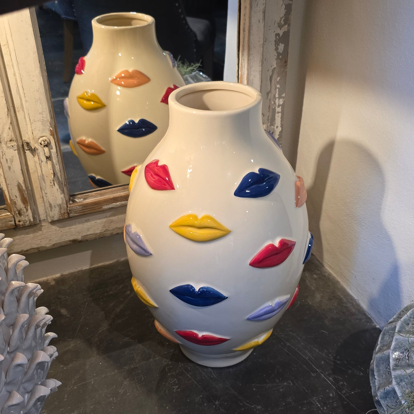 Kiss Me - Cream Ceramic Vase With Multi Coloured Lips