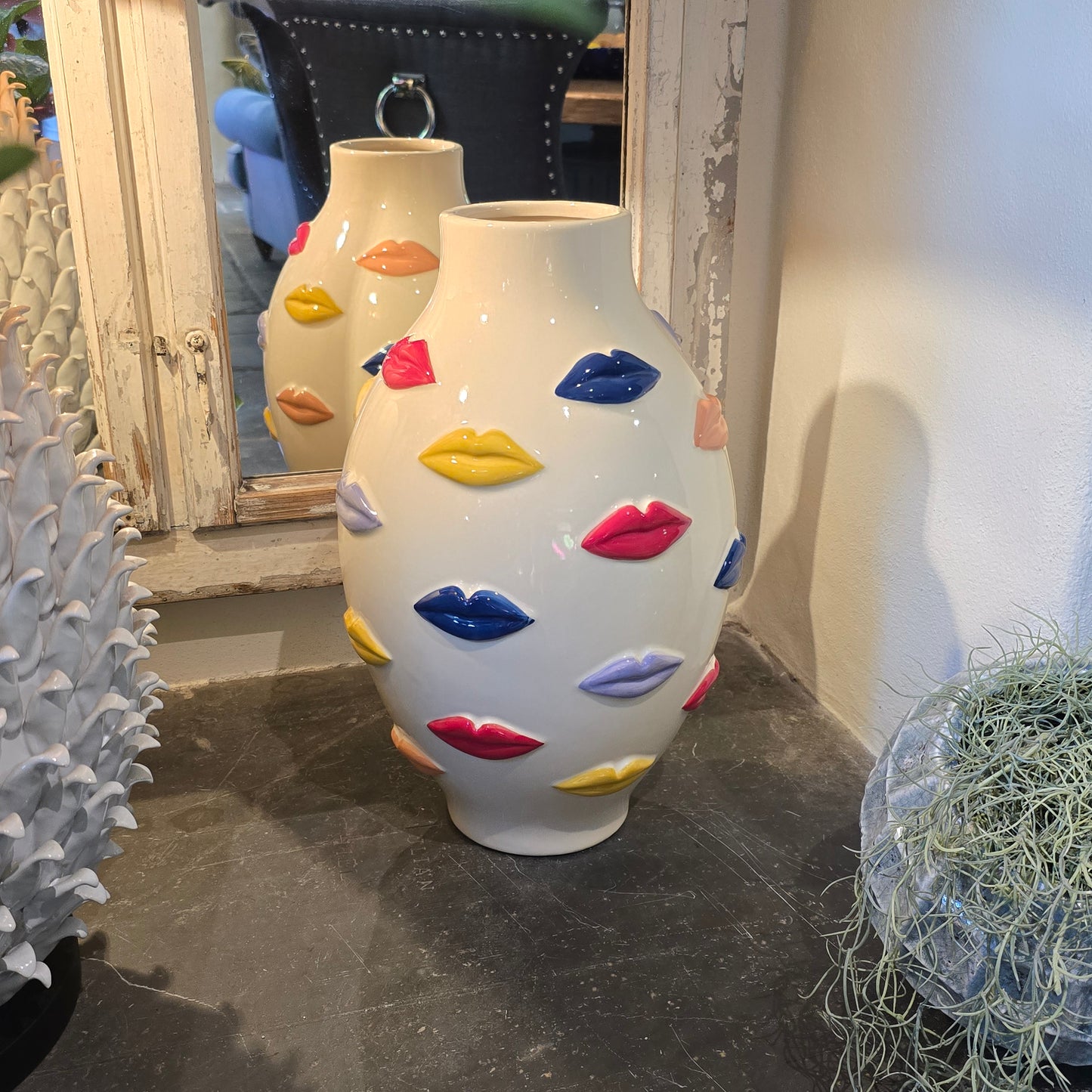 Kiss Me - Cream Ceramic Vase With Multi Coloured Lips