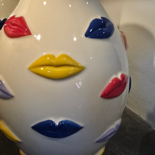 Kiss Me - Cream Ceramic Vase With Multi Coloured Lips