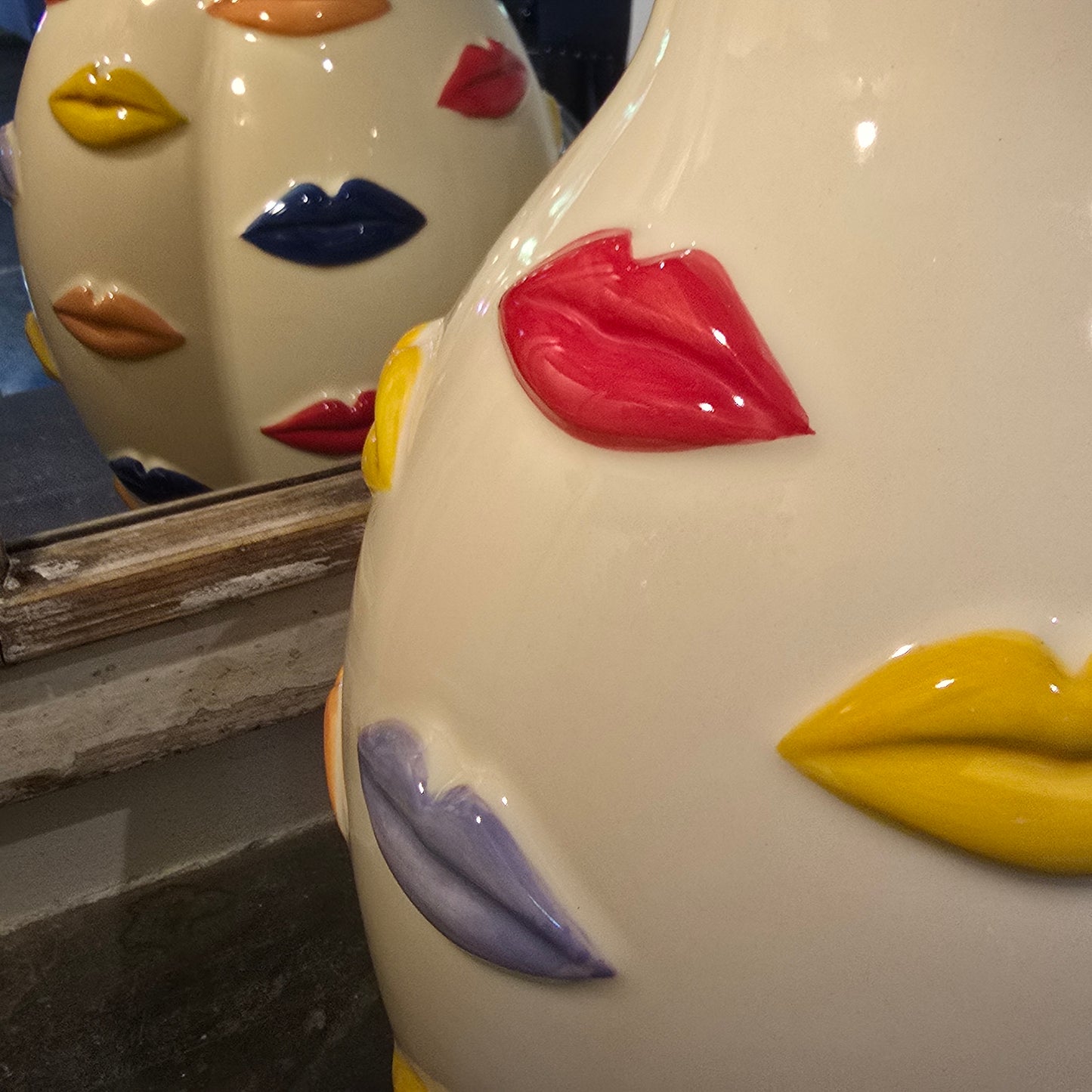 Kiss Me - Cream Ceramic Vase With Multi Coloured Lips