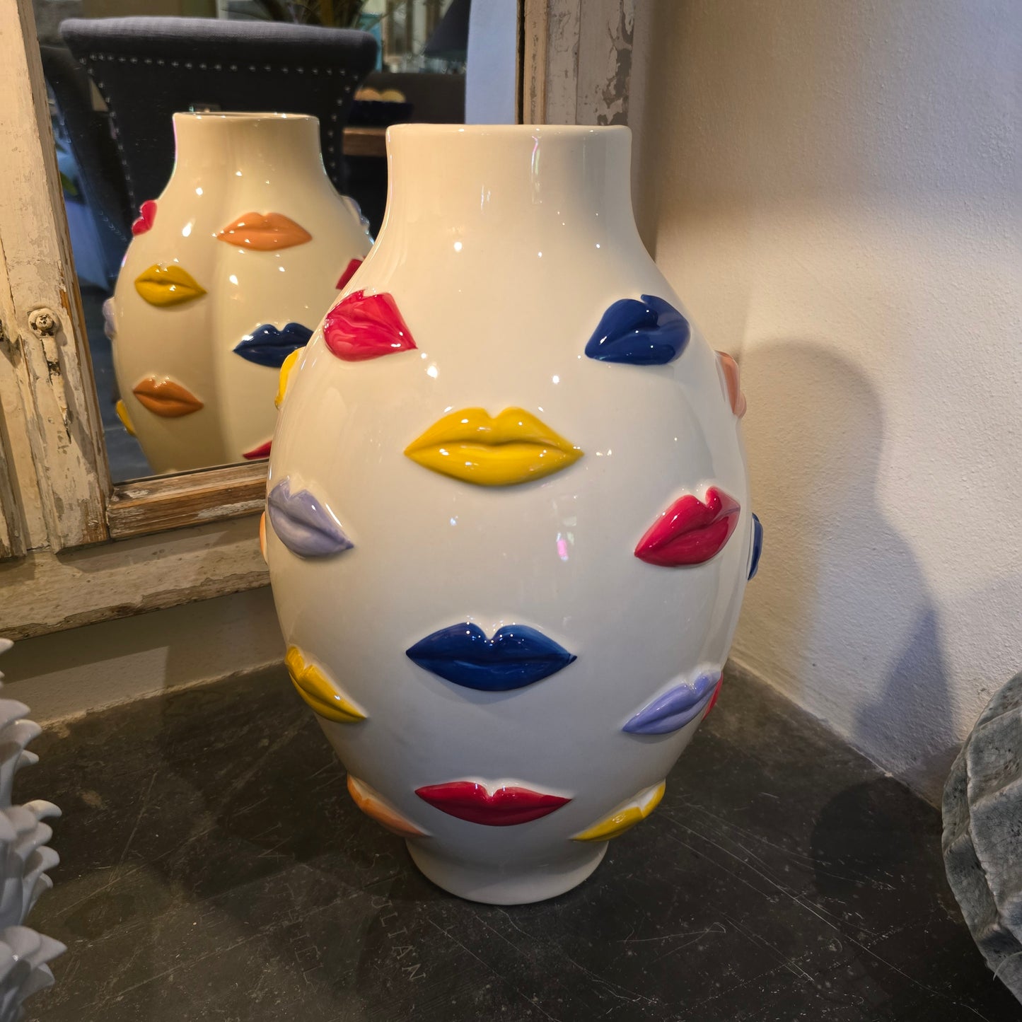 Kiss Me - Cream Ceramic Vase With Multi Coloured Lips
