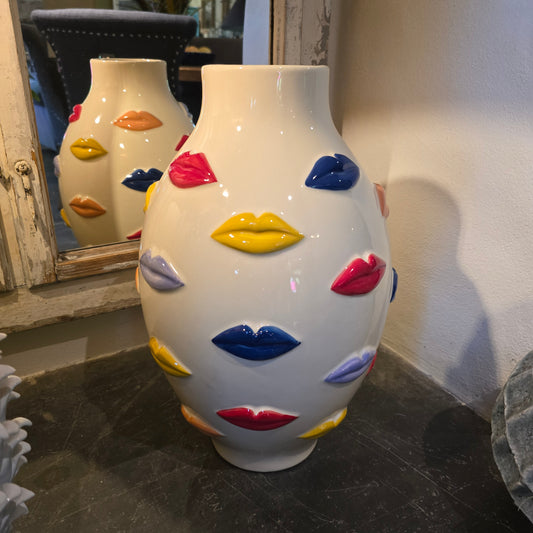 Kiss Me - Cream Ceramic Vase With Multi Coloured Lips