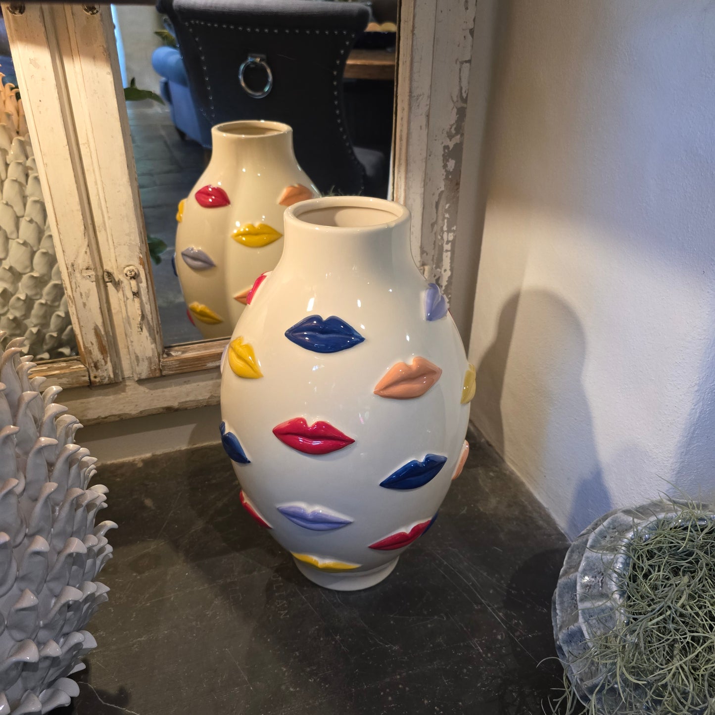 Kiss Me - Cream Ceramic Vase With Multi Coloured Lips