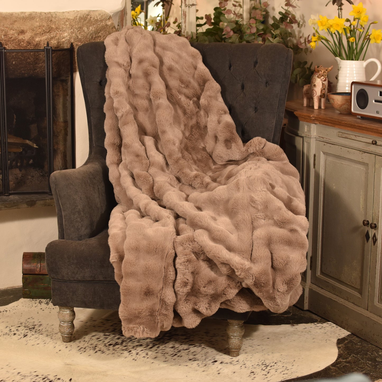 Faux Rabbit Fur Throw - Taupe/Natural