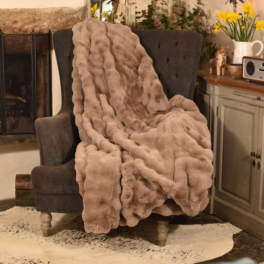 Faux Rabbit Fur Throw - Taupe/Natural