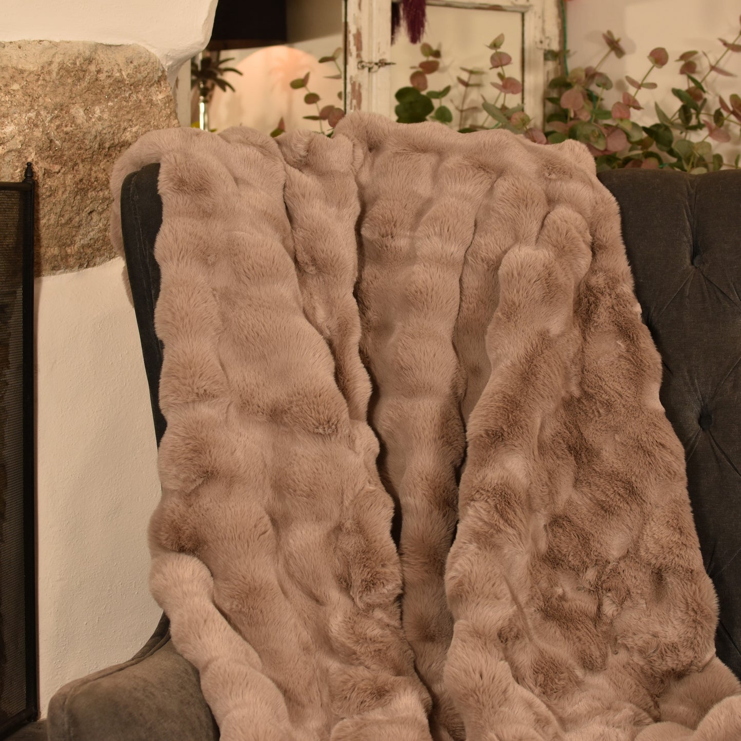Faux Rabbit Fur Throw - Taupe/Natural