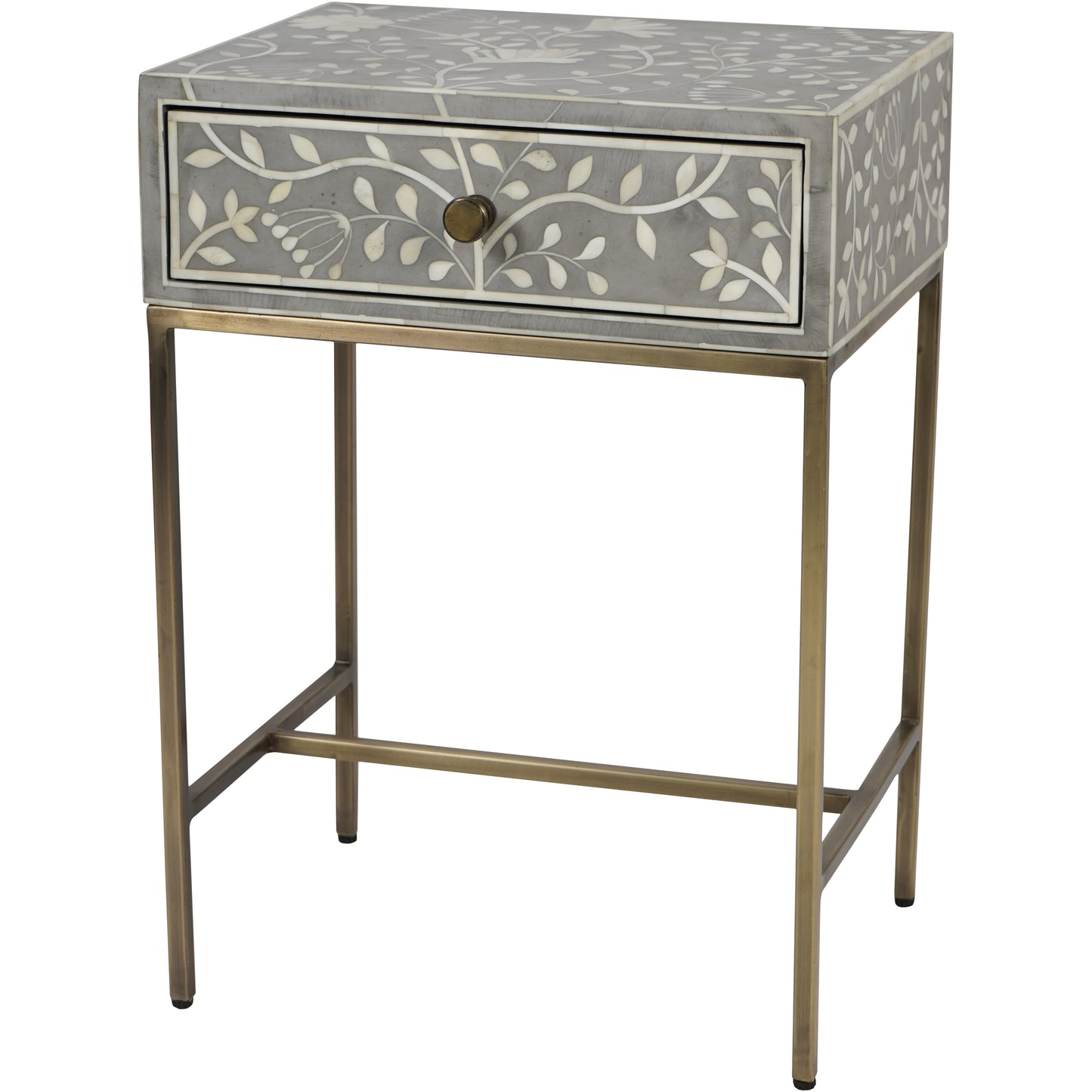 Bone Inlay Side Table With Drawer - Grey