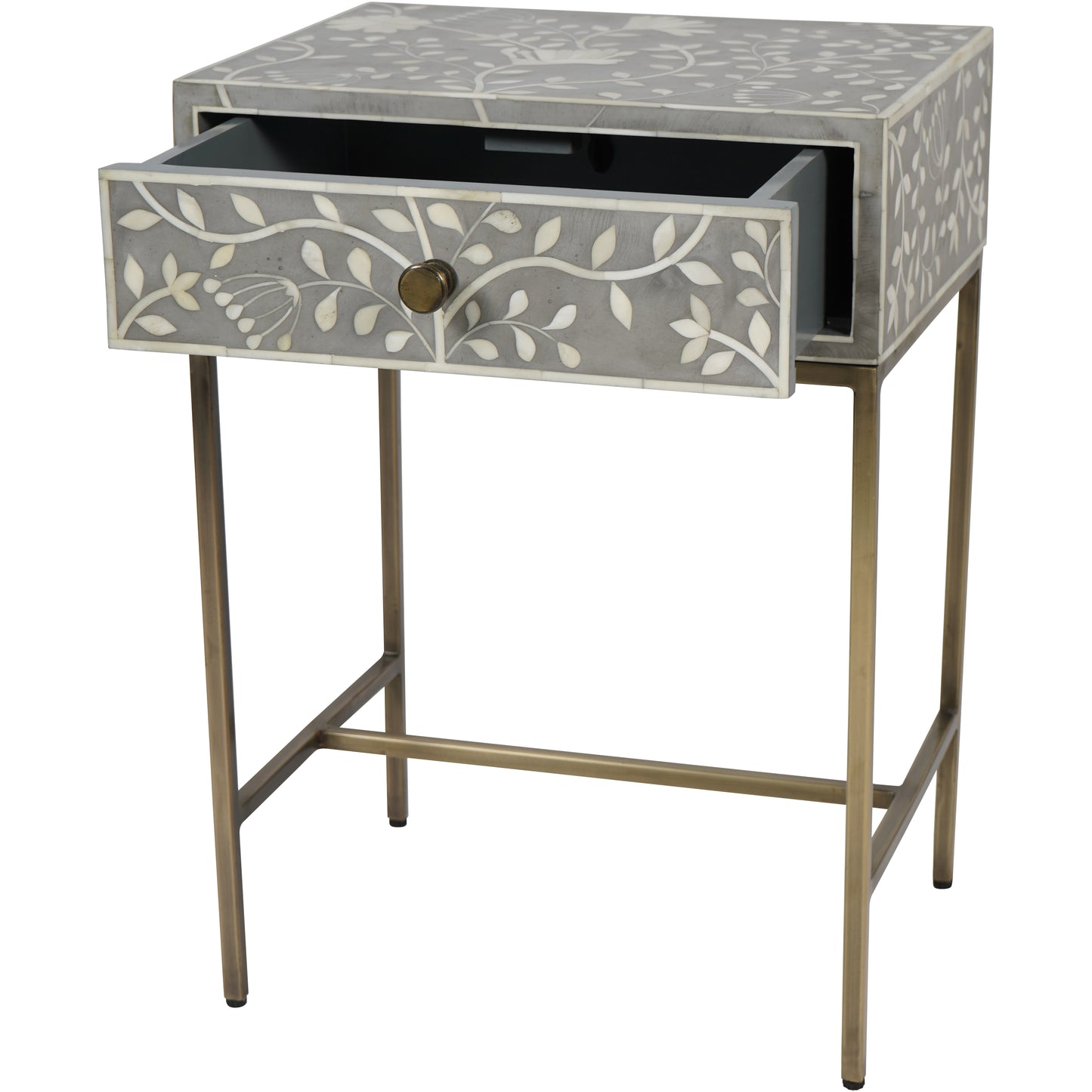 Bone Inlay Side Table With Drawer - Grey