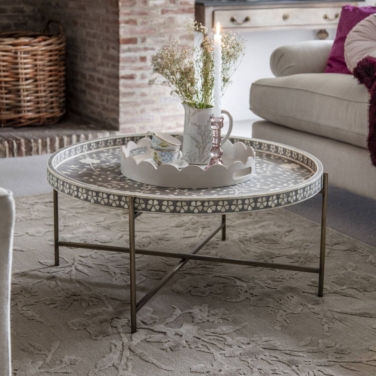 Bone Inlay Folding Coffee Table - Grey