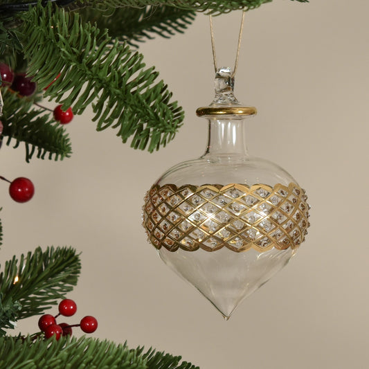 Carnival Onion Handblown Glass Bauble - Clear & Gold - Large