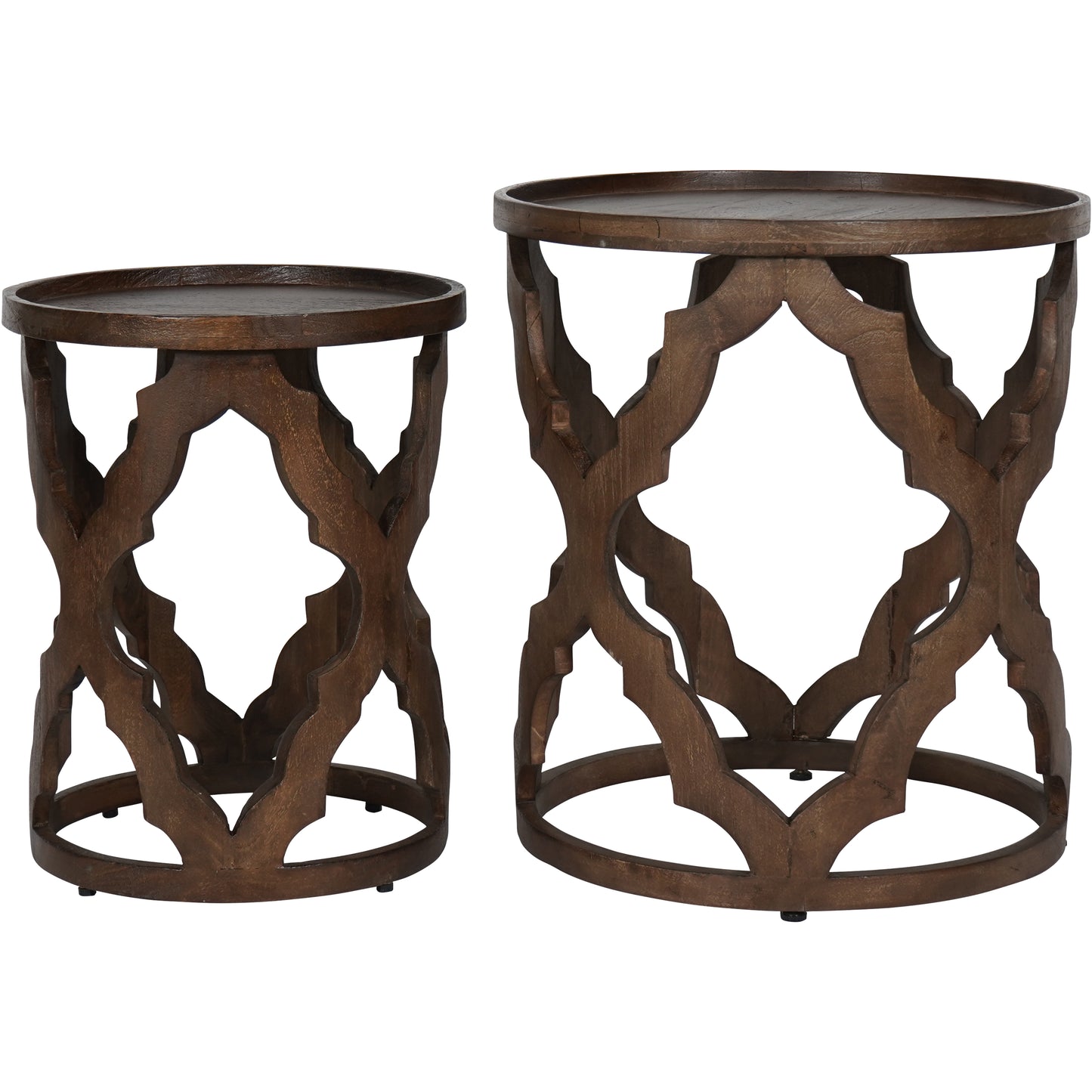 Set Of Two Carved Lattice Side Tables - Dark Mango Wood