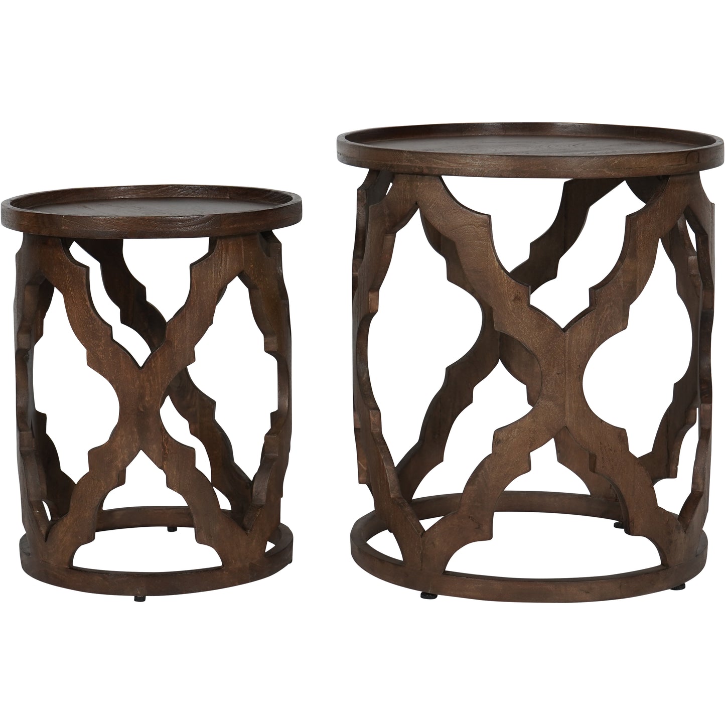 Set Of Two Carved Lattice Side Tables - Dark Mango Wood