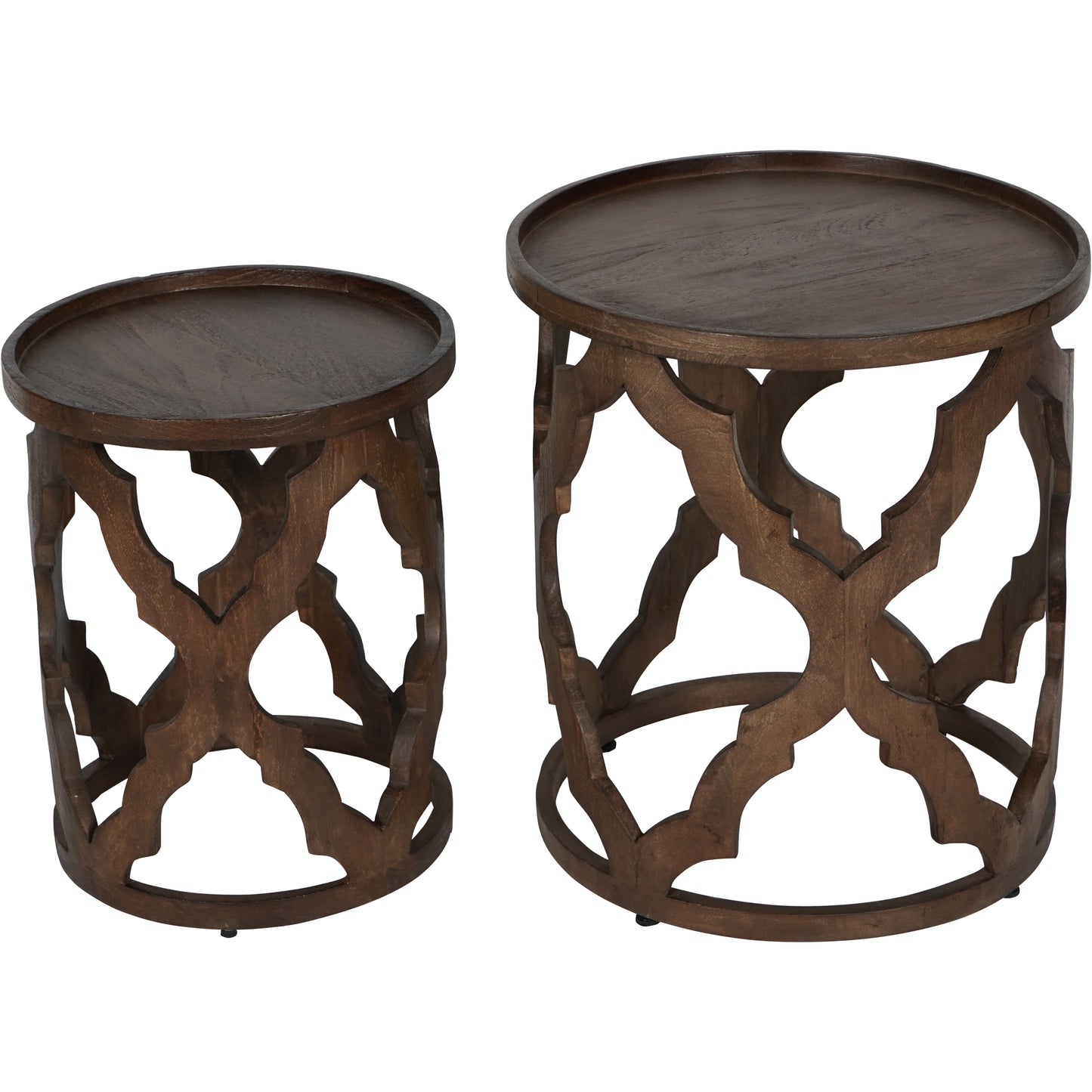 Set Of Two Carved Lattice Side Tables - Dark Mango Wood