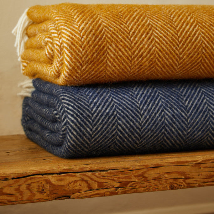 Navy Blue Fishbone Pure Wool Throw