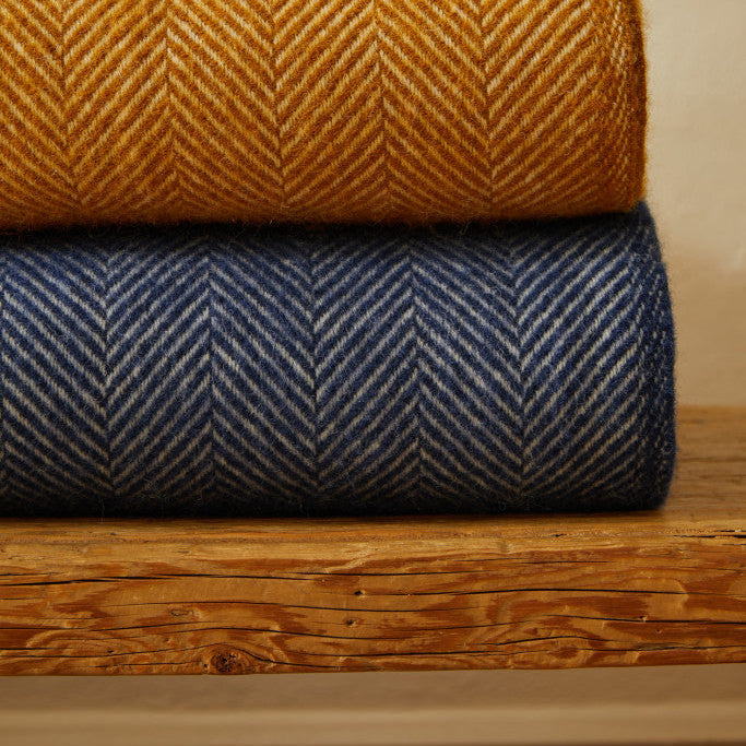 Navy Blue Fishbone Pure Wool Throw
