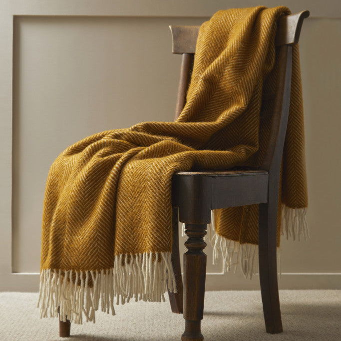 English Mustard Fishbone Pure Wool Throw / Blanket